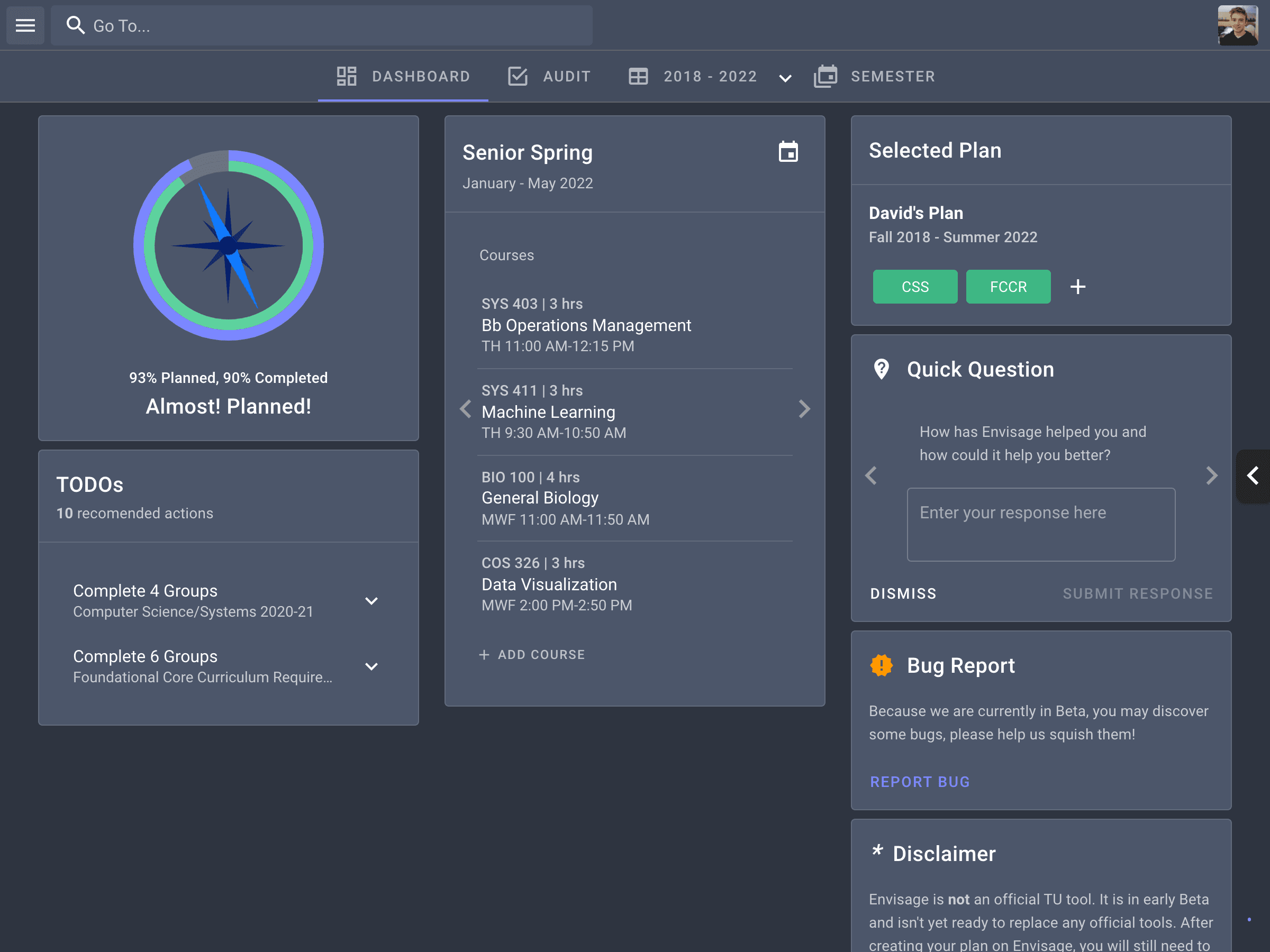 Envisage Planner application interface