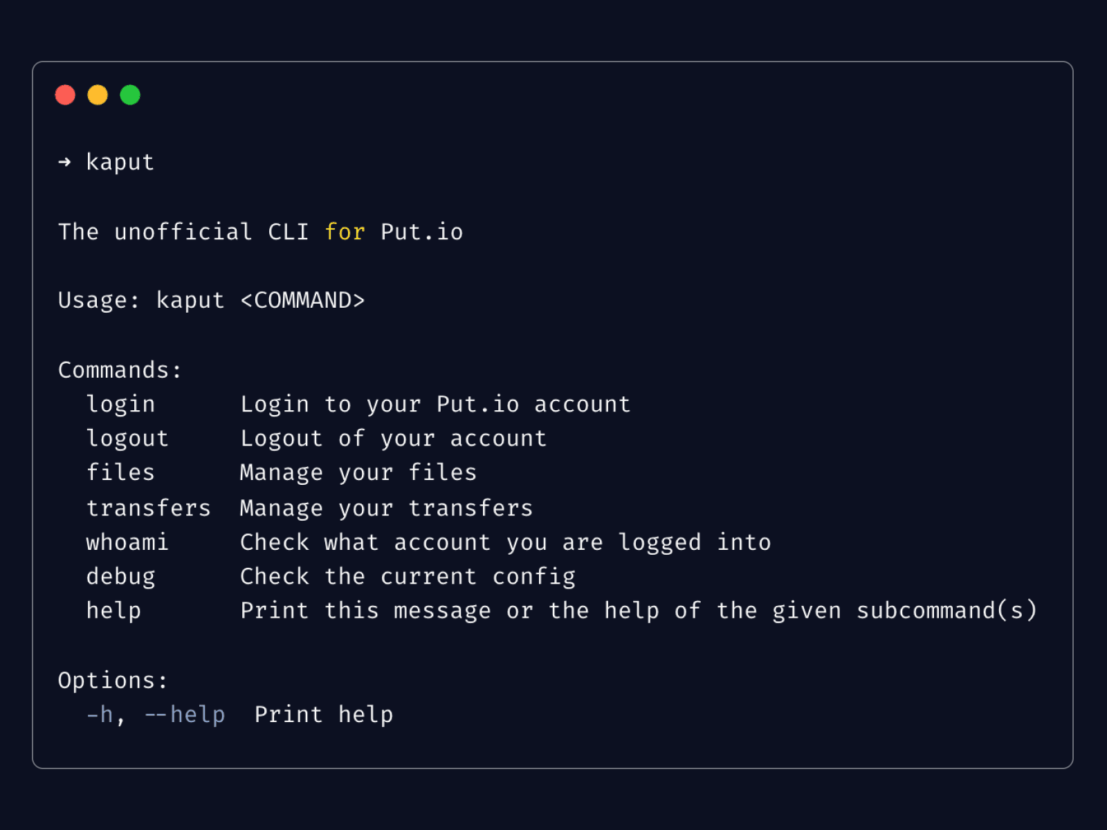 Kaput-CLI application interface