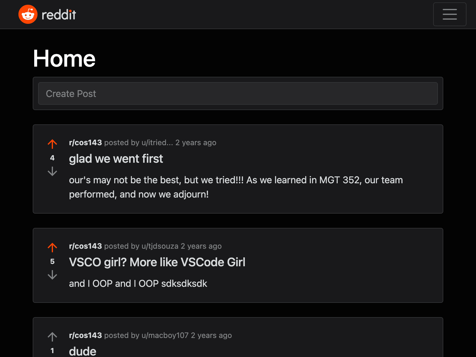 Reddit-Clone application interface